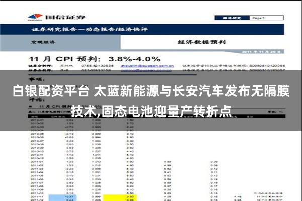 白银配资平台 太蓝新能源与长安汽车发布无隔膜技术,固态电池迎量产转折点