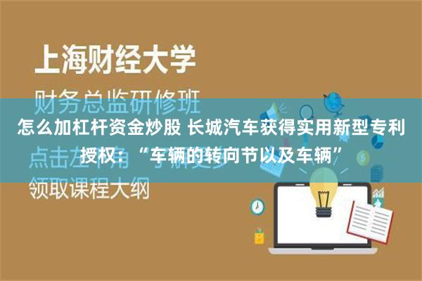 怎么加杠杆资金炒股 长城汽车获得实用新型专利授权：“车辆的转向节以及车辆”